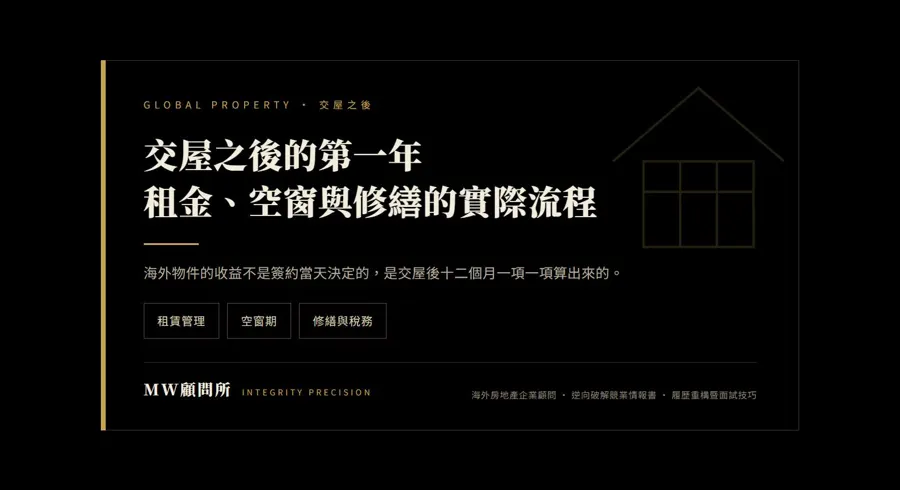 海外置產第一年帳目主圖,標示一次性費用、空置天數、匯款成本與稅務申報四個區塊