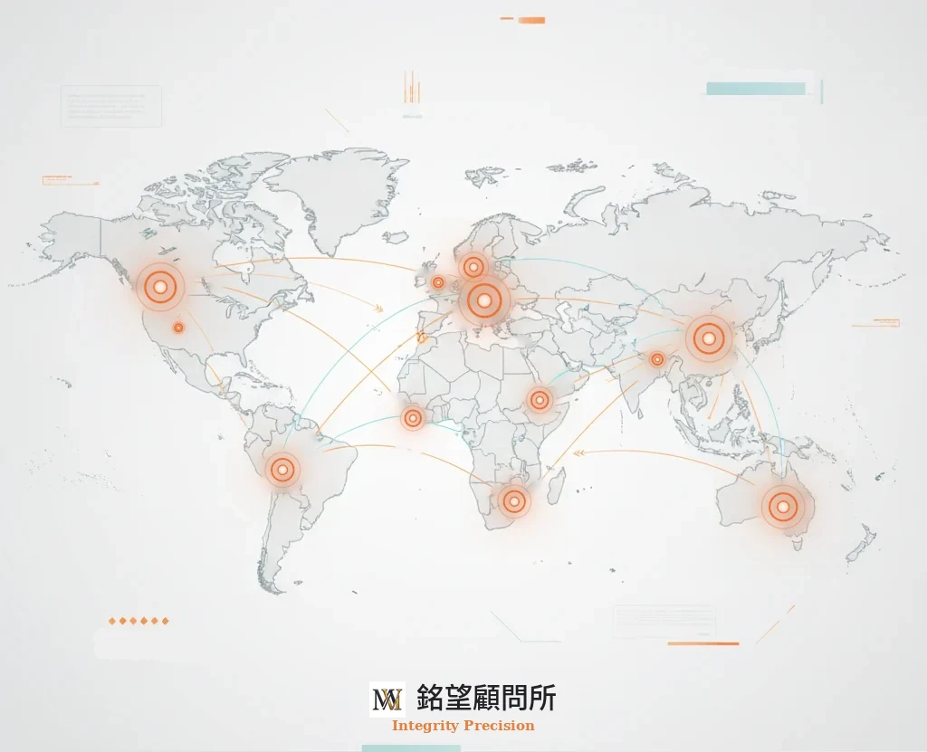 銘望顧問所服務據點示意世界地圖｜海外房地產企業顧問與跨國競業情報